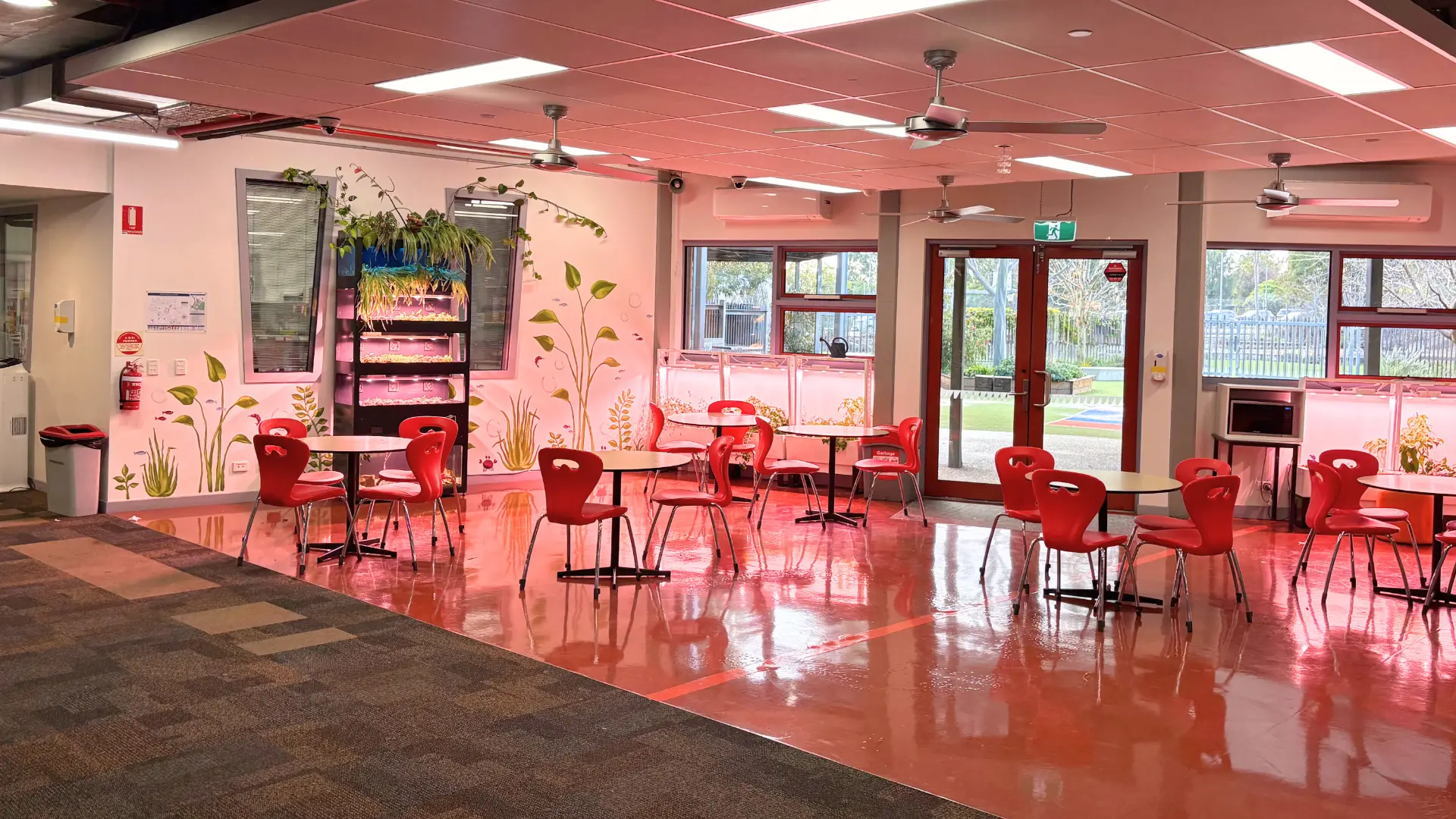 Bright school learning space with red chairs, tables and a Farmwall vertical growing unit