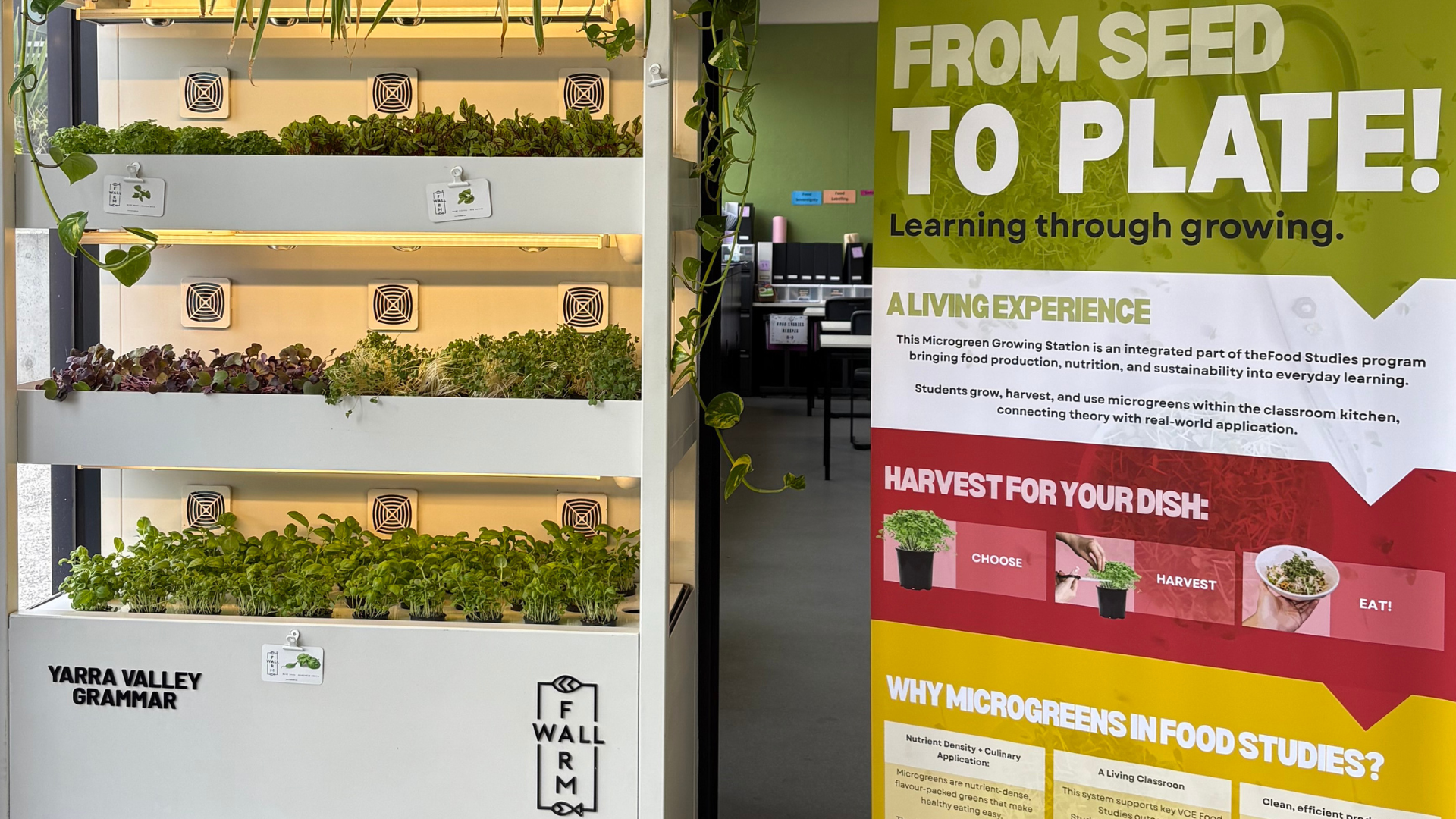 Farmwall unit at Yarra Valley Grammar with From Seed to Plate learning poster