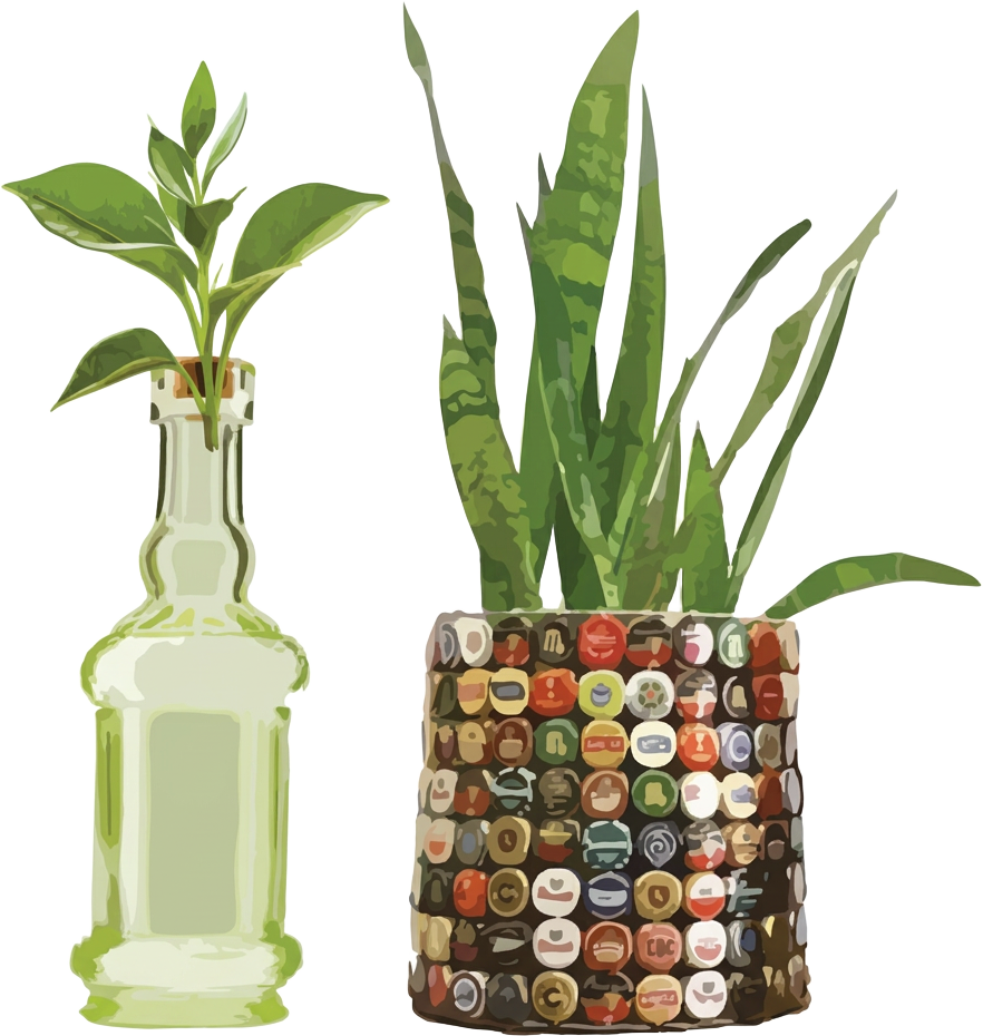 Illustration of a plant growing in a repurposed glass bottle beside a planter decorated with bottle caps